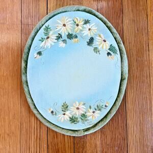 Vintage Hand Painted Floral Oval Wall Art Canvas with Green Velvet Frame